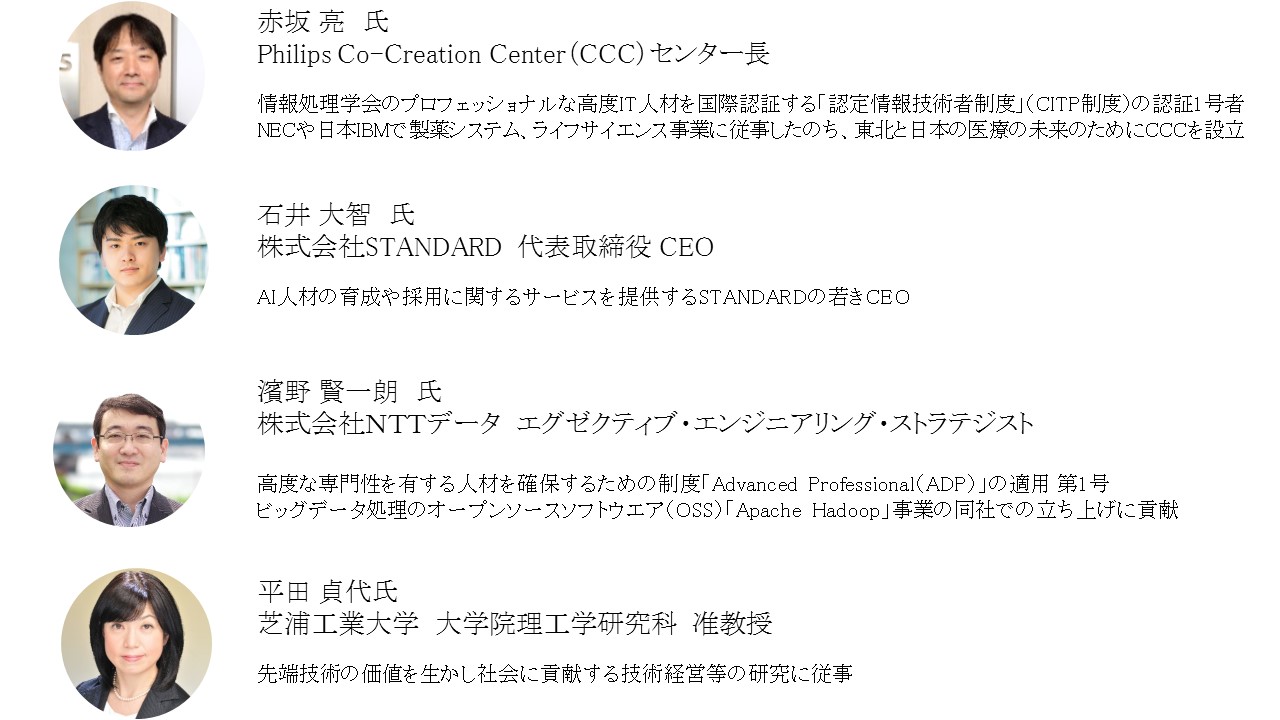 ◆赤坂 亮氏 Philips Co-Creation Center(CCC)センター長 ◆石井 大智氏 株式会社STANDARD 代表取締役 CEO ◆濱野 賢一朗氏 株式会社NTTデータ エグゼクティブ・エンジニアリング・ストラテジスト ◆平田 貞代氏 芝浦工業大学 大学院理工学研究科 准教授