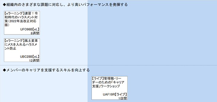◆組織内のさまざまな課題に対応し、より高いパフォーマンスを発揮する\n◆メンバーのキャリアを支援するスキルを向上する