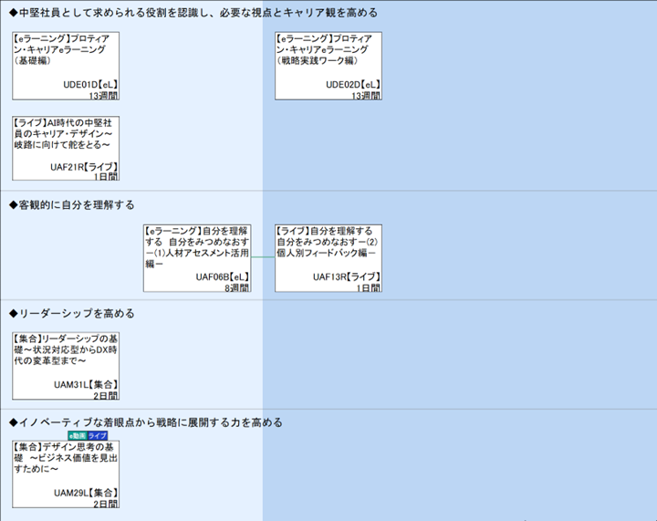 ◆中堅社員として求められる役割を認識し、必要な視点とキャリア観を高める\n◆客観的に自分を理解する\n◆リーダーシップを高める\n◆イノベーティブな着眼点から戦略に展開する力を高める