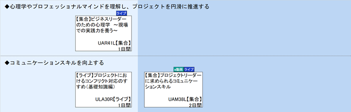 ◆心理学やプロフェッショナルマインドを理解し、プロジェクトを円滑に推進する\n◆コミュニケーションスキルを向上する