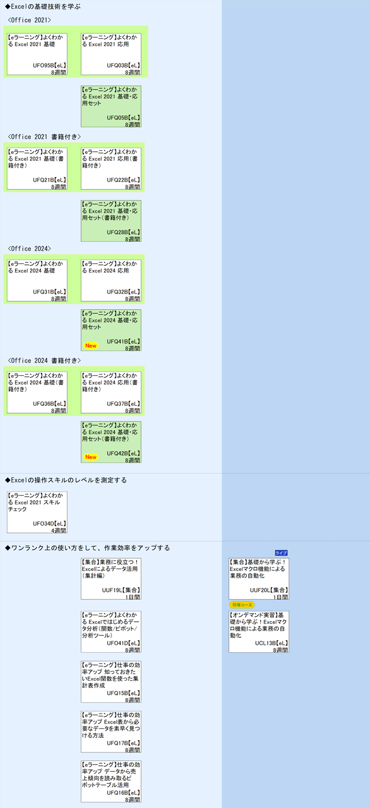 ◆Excelの基礎技術を学ぶ\n<Office 2021>\n1\n<Office 2021 書籍付き>\n1\n<Office 2024>\n1\n<Office 2024 書籍付き>\n1\n◆Excelの操作スキルのレベルを測定する\n◆ワンランク上の使い方をして、作業効率をアップする