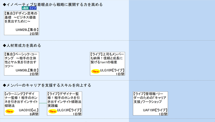 ◆イノベーティブな着眼点から戦略に展開する力を高める\n◆人材育成力を高める\n◆メンバーのキャリアを支援するスキルを向上する